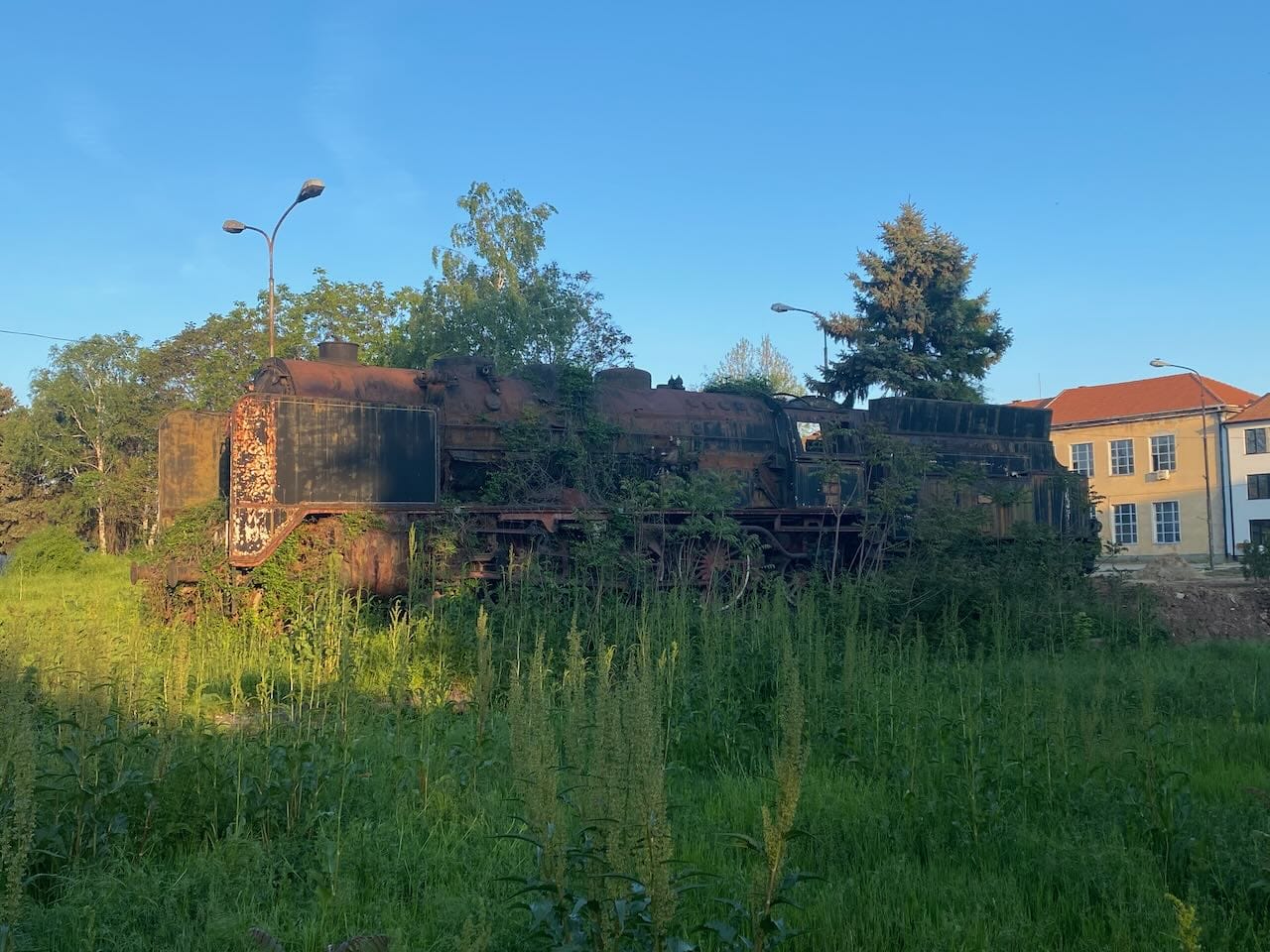 Locomotive à vapeur rouillée dans l'herbe