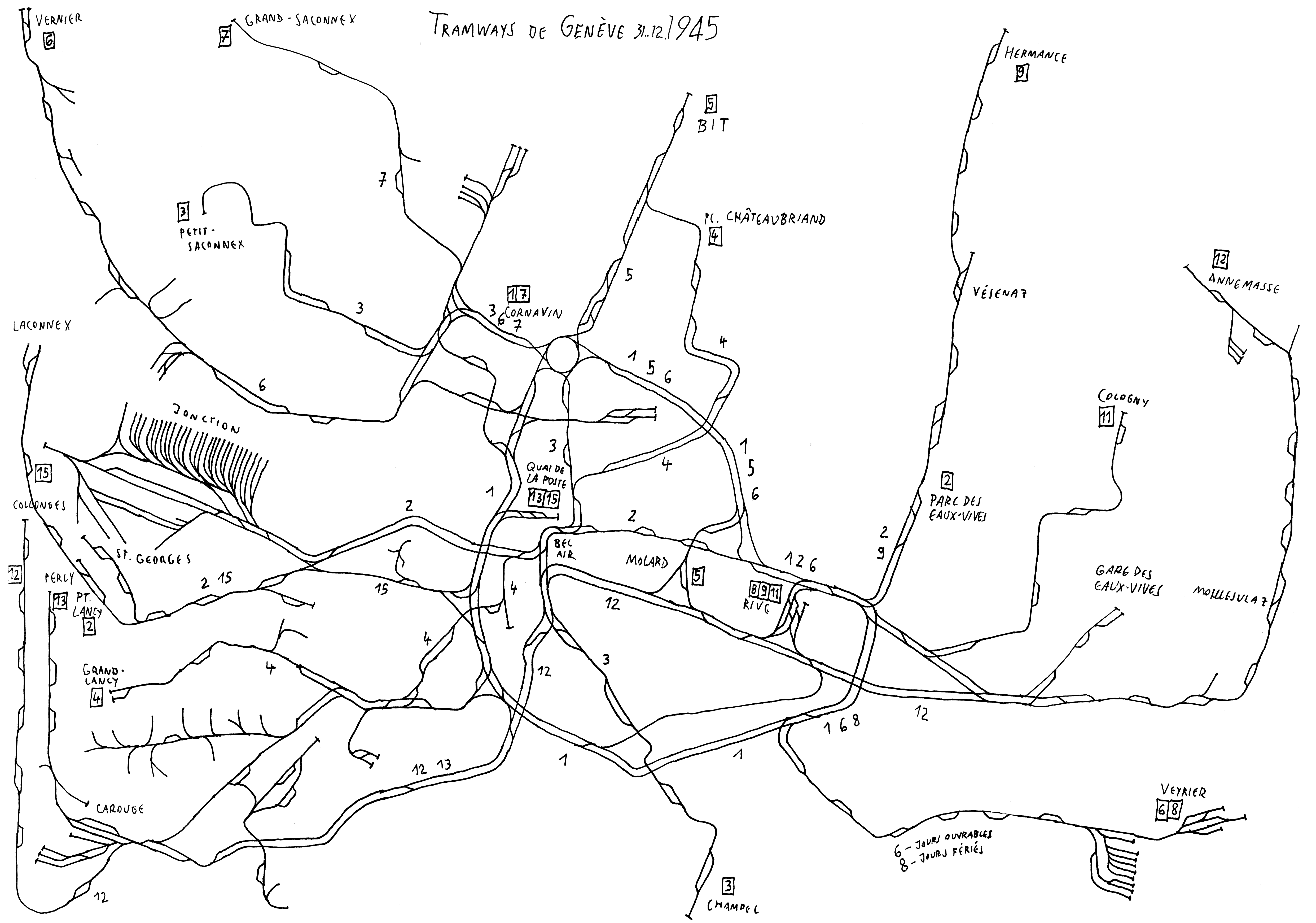 Plan de voies du réseau Compagnie Genevoise de Tramway Électriques (CGTE) en 1945