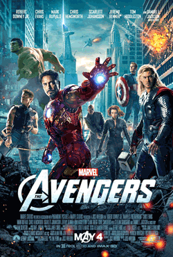 The Hulk, Hawkeye, Iron Man, Nick Furry, Black Widow, Captain America, Thor in Front of a New-York landscape with explosions, flying monsters and a beam of Light out of Stark Tower