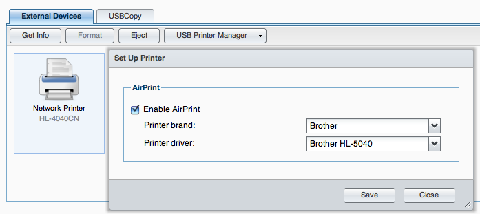 Screen Capture for configuration Airprint on Synology NAS