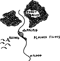 Carte avec un Palais au centre, des ruines à l'Est, les plaines filées à l'est et une rivière, l'Aile qui va du nord au sud, au nord se trouve une forêt, au sud le village de Flood