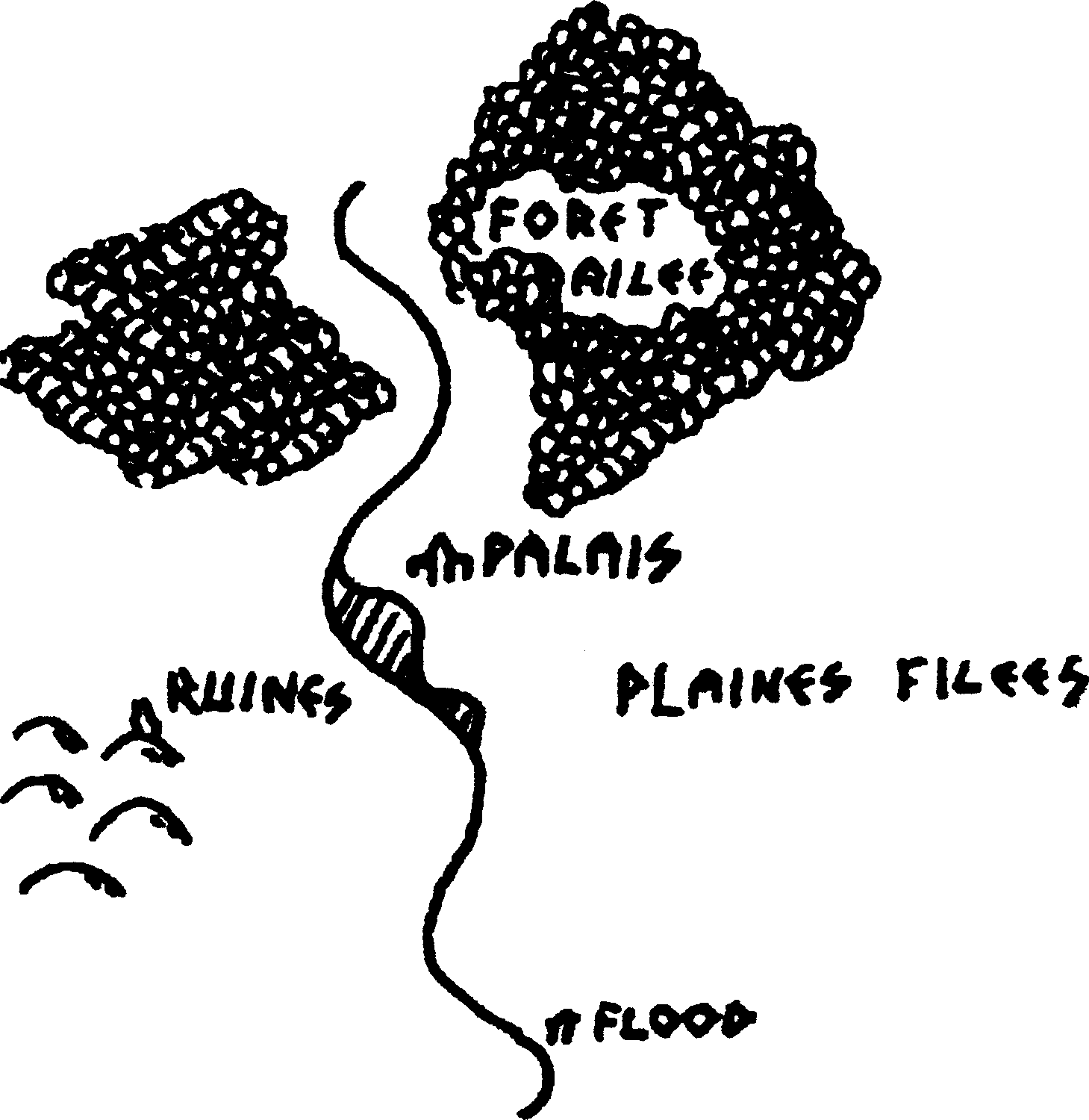 Carte avec un Palais au centre, des ruines à l'Est, les planes filées à l'est et une rivière, l'Aile qui va du nord au sud, au nord se trouve une forêt, au sud le village de Flood