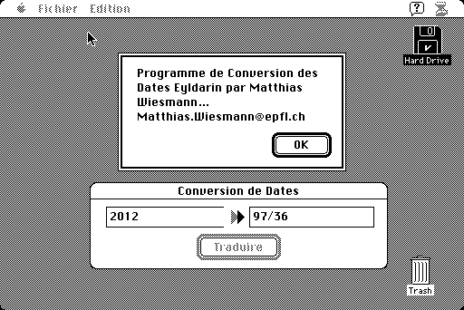 screen capture of 'Conversion de Date' running on a black/white Mac