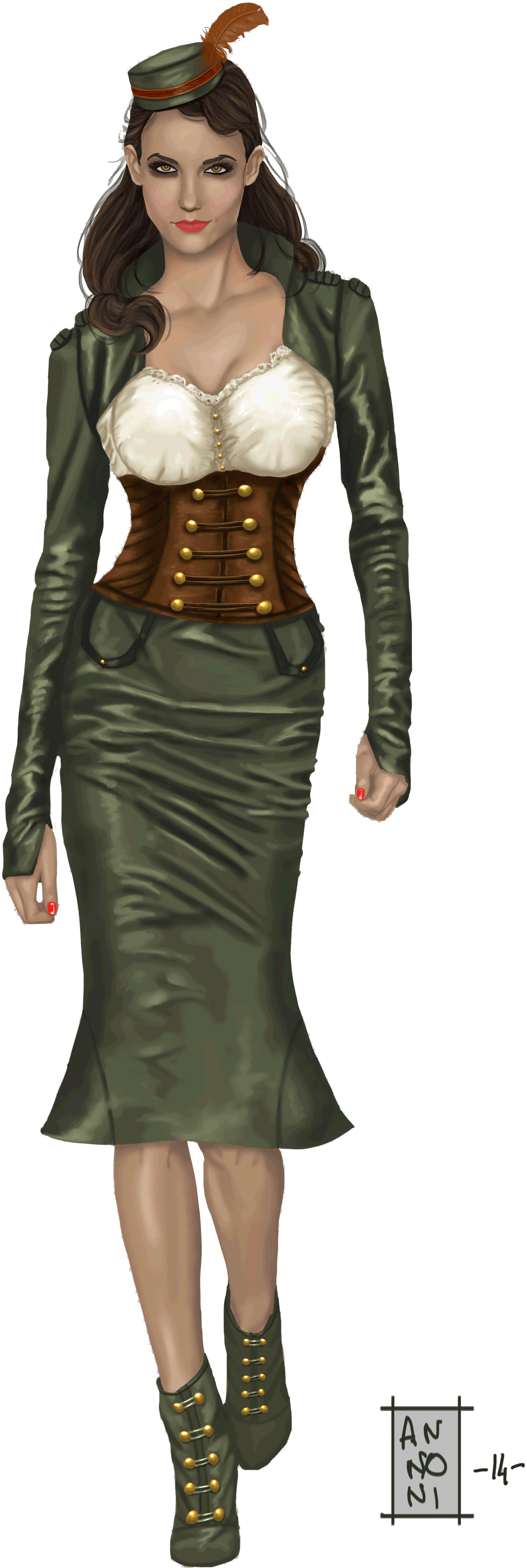 Une femme dans une robe khaki avec un corset en cuir brun et une chemise blanche