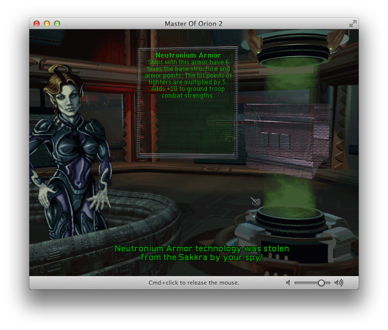 Screen Capture of the Game Master of Orion II showing an Elerian spy returning a stolen technology: Neutronium Armor
