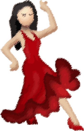 A pale skinned, dancer with black hair and a red dress