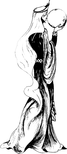 Erlaine des Deux Fanions – Une femme avec une longue chevelure tenant une boule de cristal