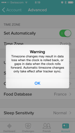 WarningTimezone changes may result in data when the clock is rolled back, or gaps in data when the clock rolls forward. Automatic timezone changes only take effect after tracker sync.OK