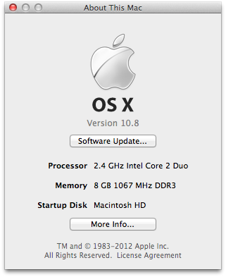 About this mac dialog box showing the information for my laptop using Mac OS X 10.8