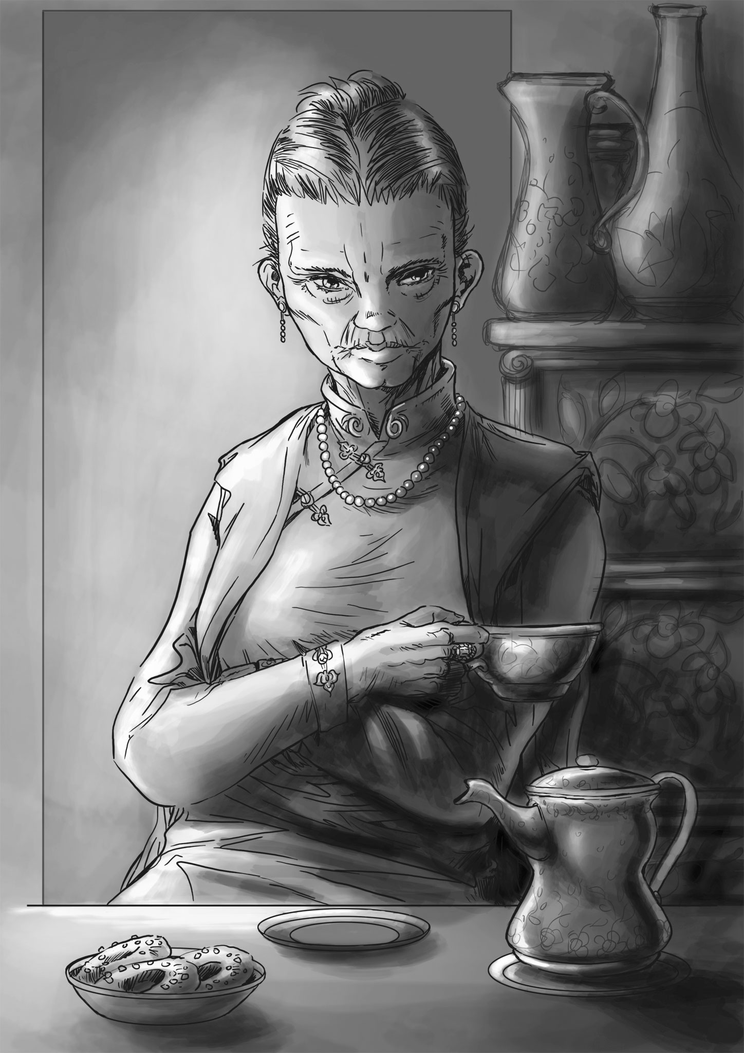 Une vieille femme dans une tenue chinoise buvant le thé