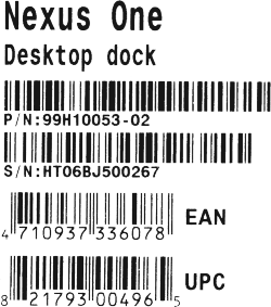 Label of the Nexus One Desktop Dock with 2 GTIN codes