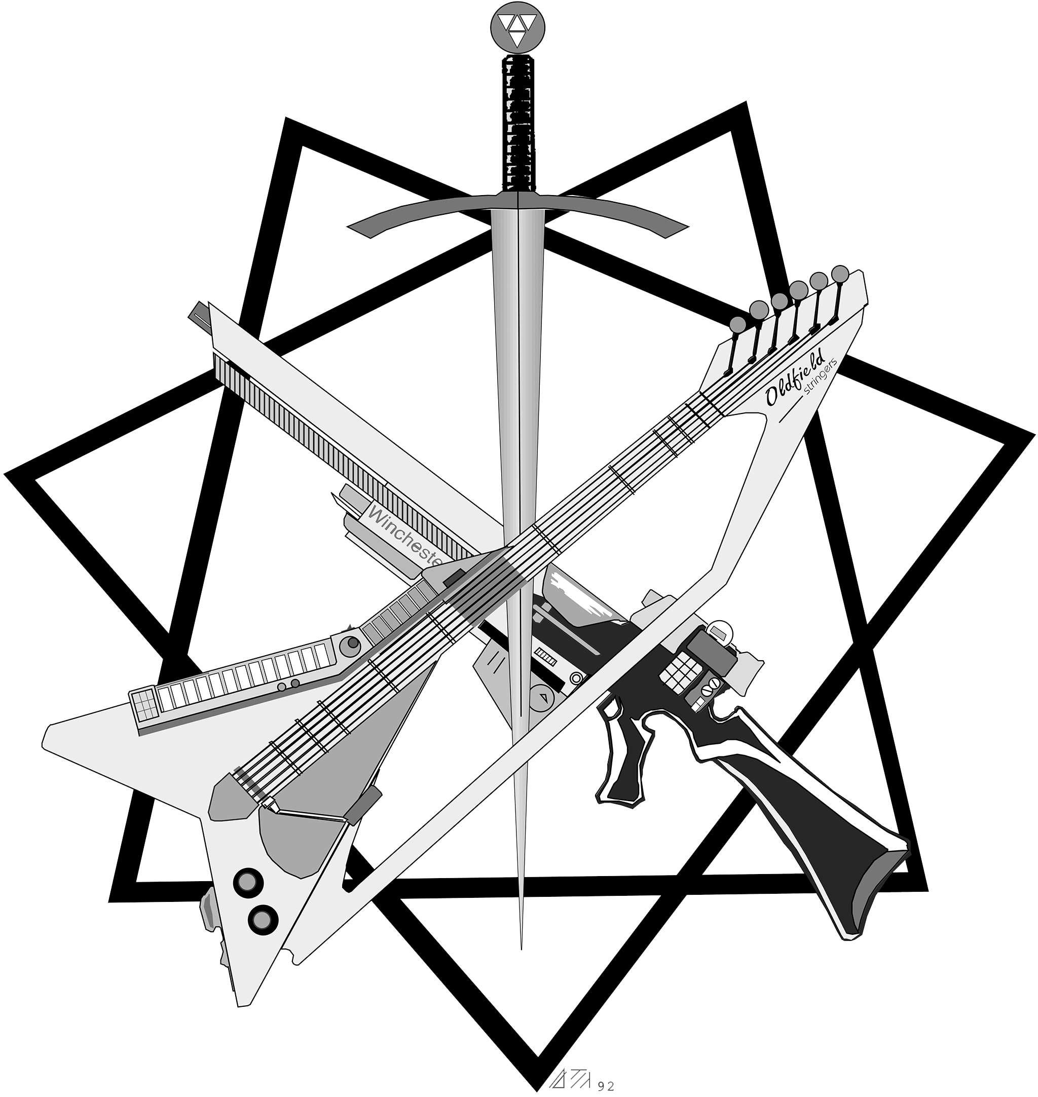 Une épée, une guitare, un fusil devant un heptagramme