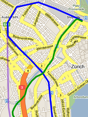 Carte des Lignes de Train, Sud de Zürich